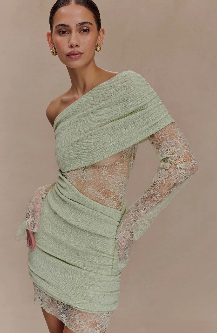 Ethereal Veil Off-Shoulder Draped Lace Mini Dress