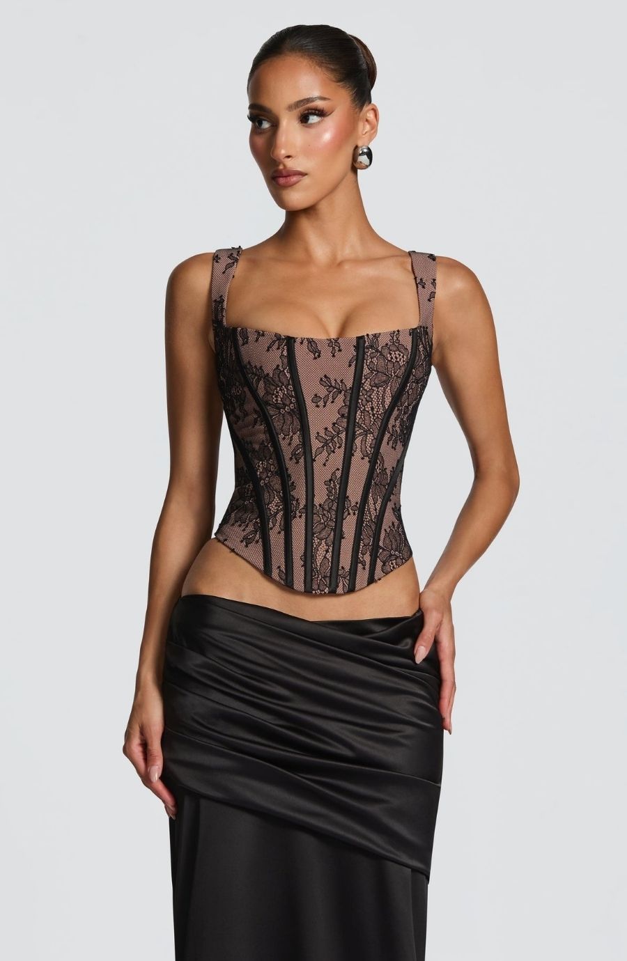 Lace Corset Satin Maxi Skirt Set