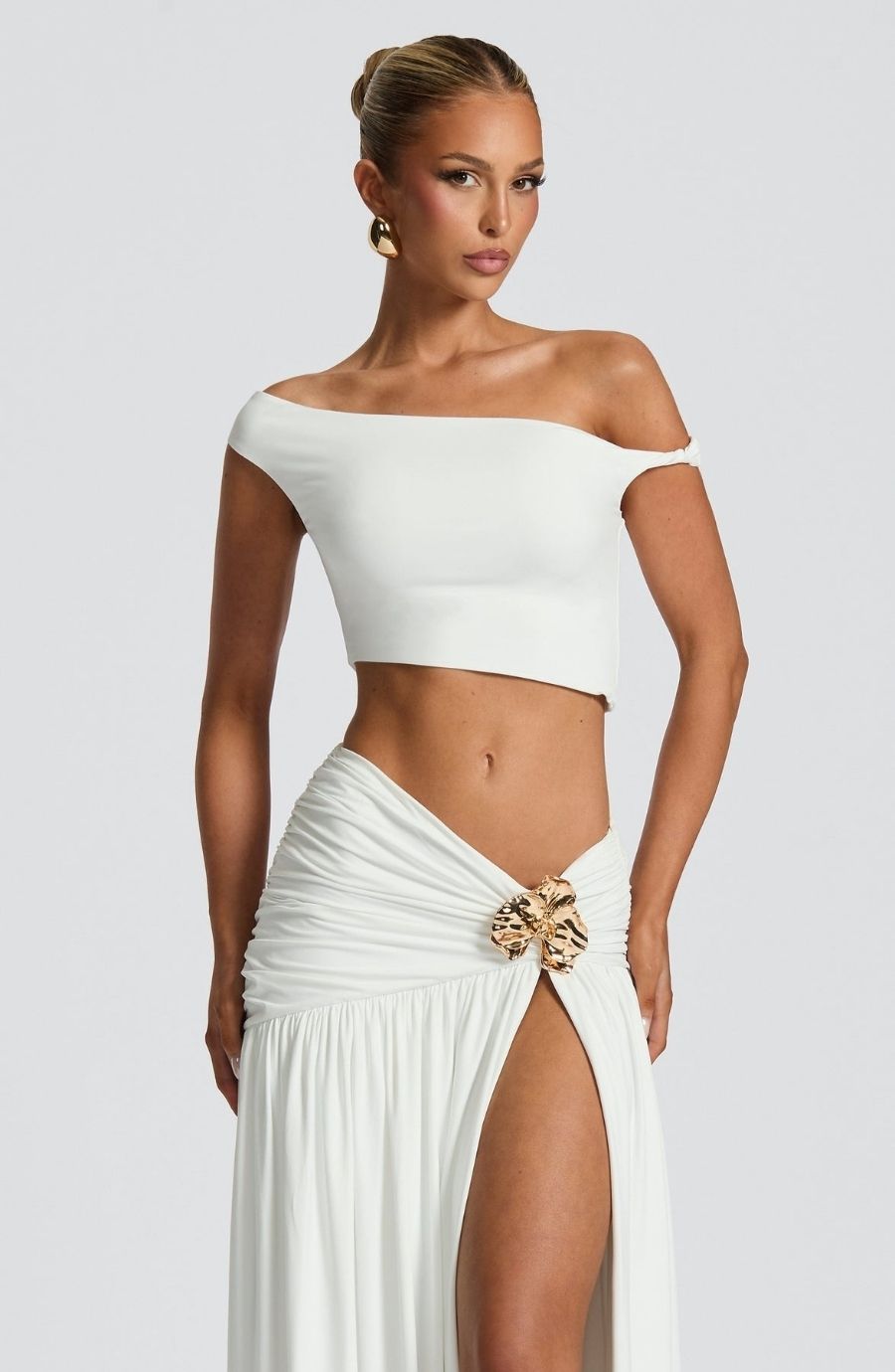 Golden Accent Off-Shoulder Slit Maxi Set