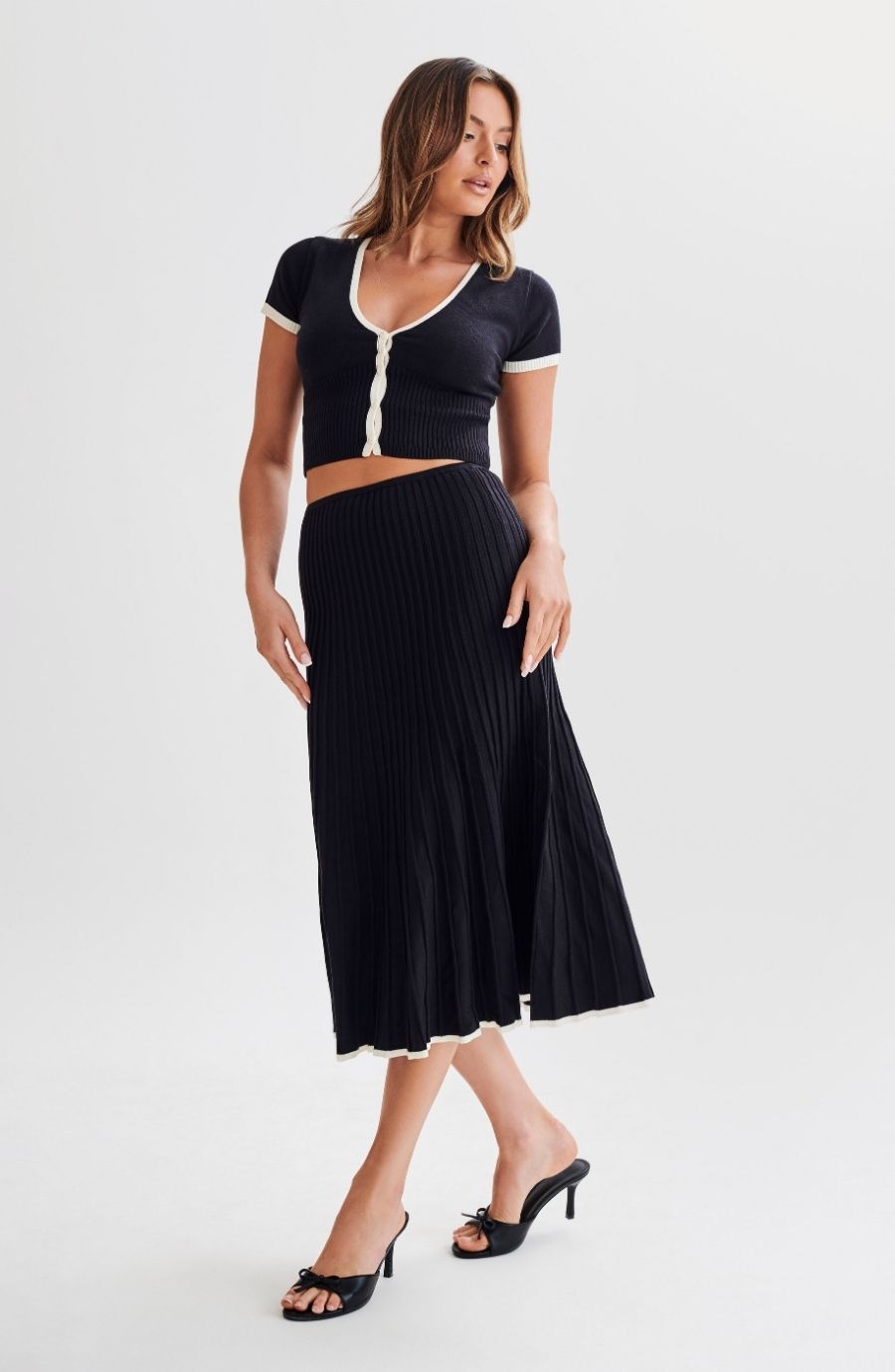 Ribbed Knit Crop Top and Pleated Skirt Set