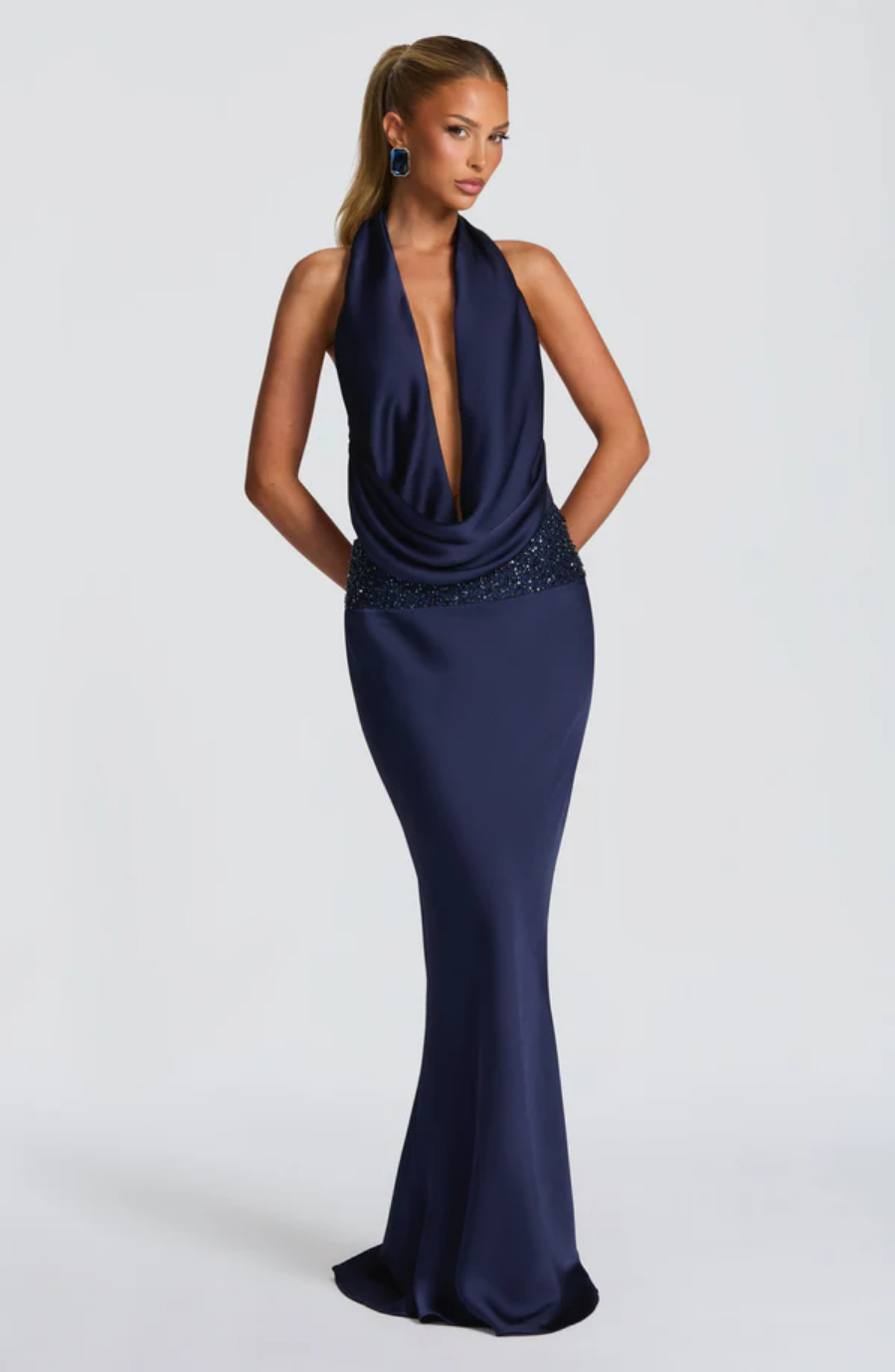 Deep Plunge Halter Drape Maxi Set with Embellished Waistband