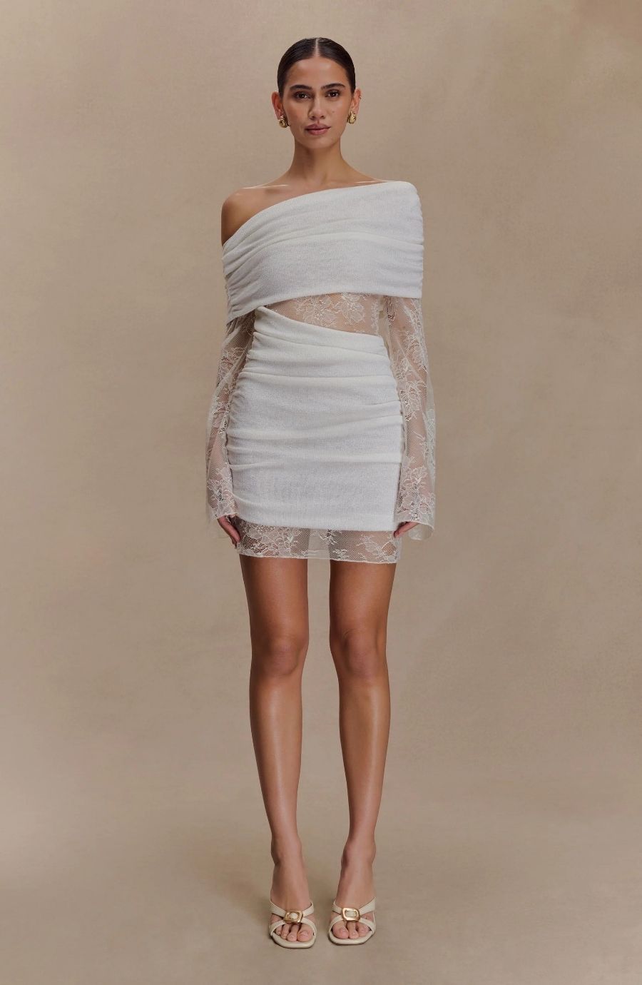 Ethereal Veil Off-Shoulder Draped Lace Mini Dress