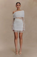 Ethereal Veil Off-Shoulder Draped Lace Mini Dress