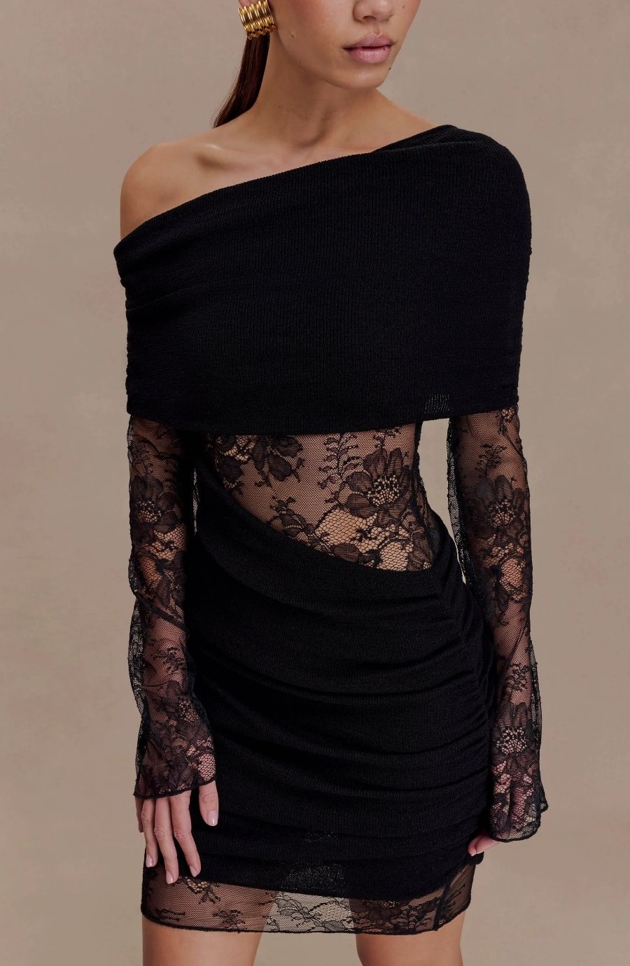 Ethereal Veil Off-Shoulder Draped Lace Mini Dress