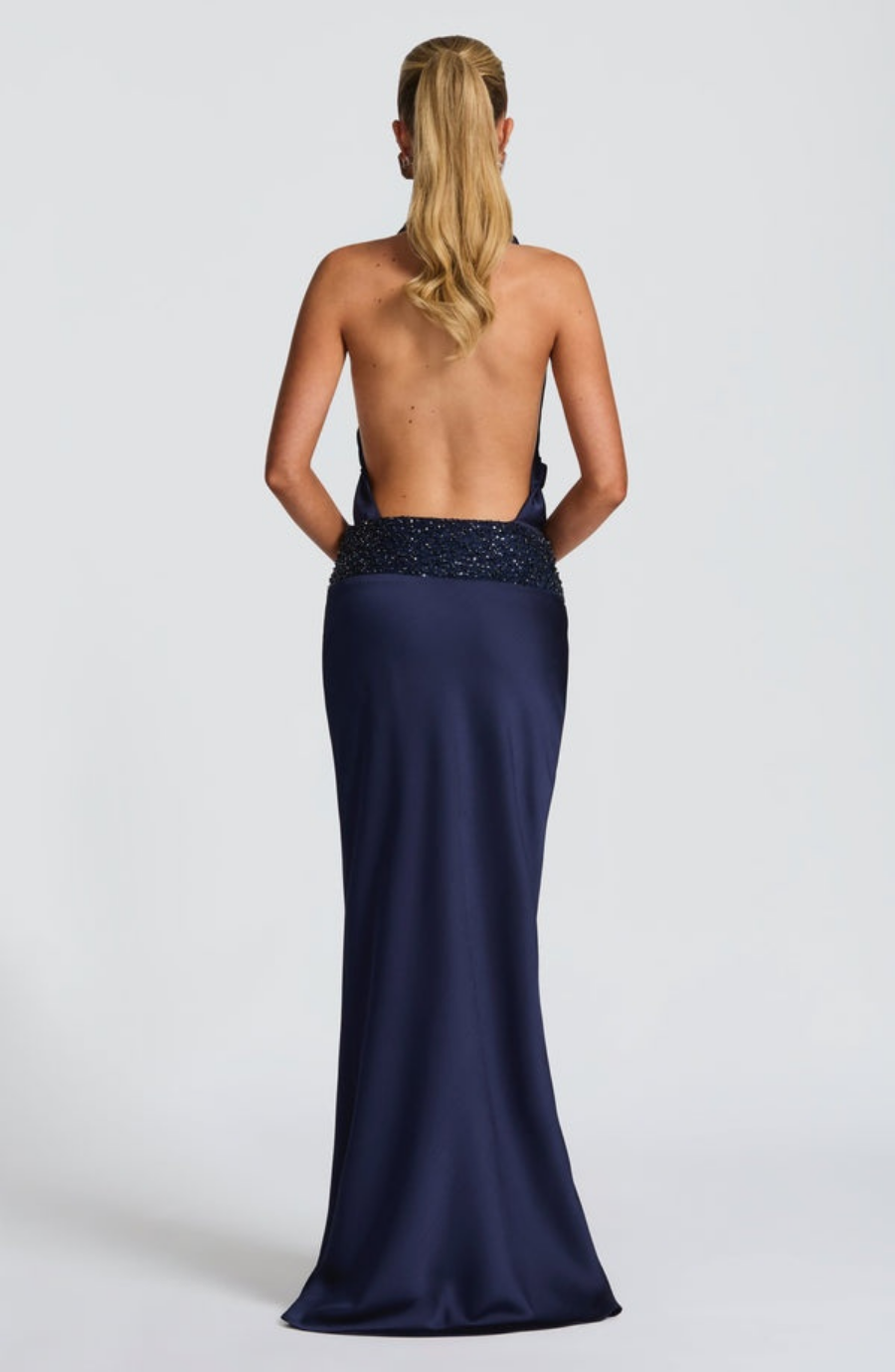 Deep Plunge Halter Drape Maxi Set with Embellished Waistband