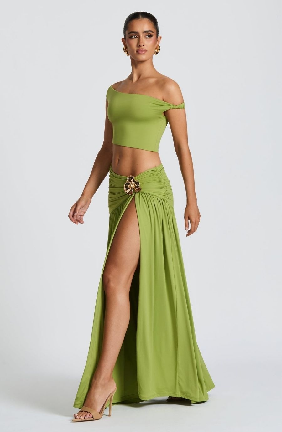 Golden Accent Off-Shoulder Slit Maxi Set