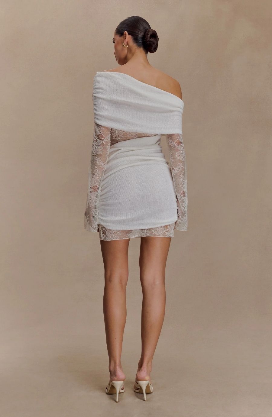 Ethereal Veil Off-Shoulder Draped Lace Mini Dress
