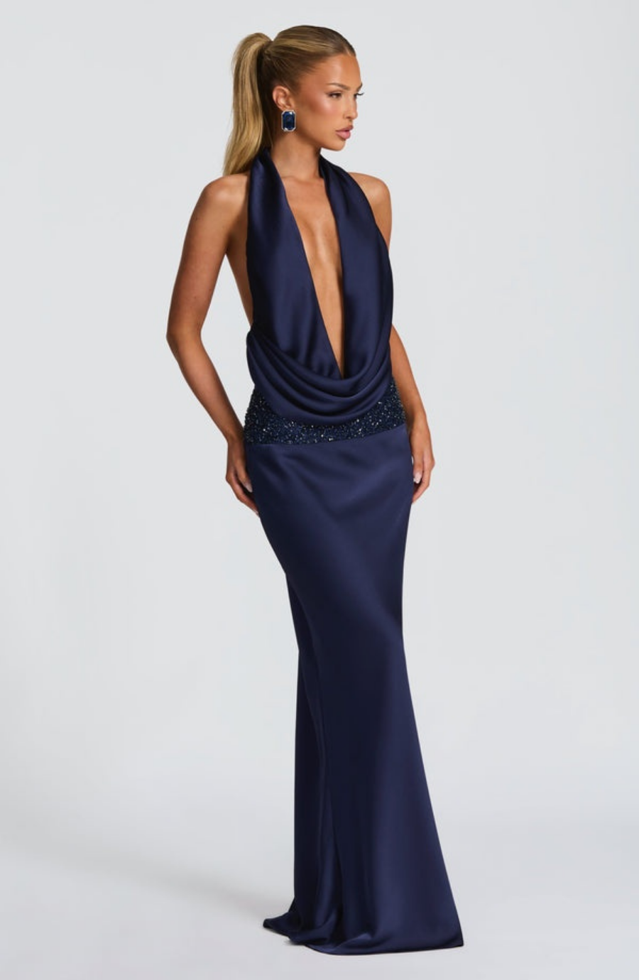 Deep Plunge Halter Drape Maxi Set with Embellished Waistband