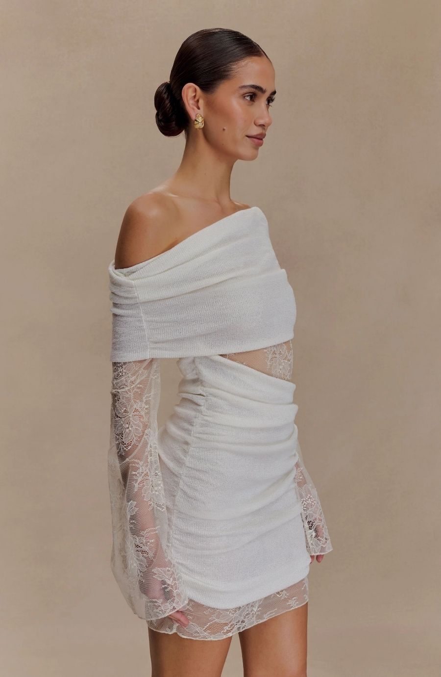 Ethereal Veil Off-Shoulder Draped Lace Mini Dress