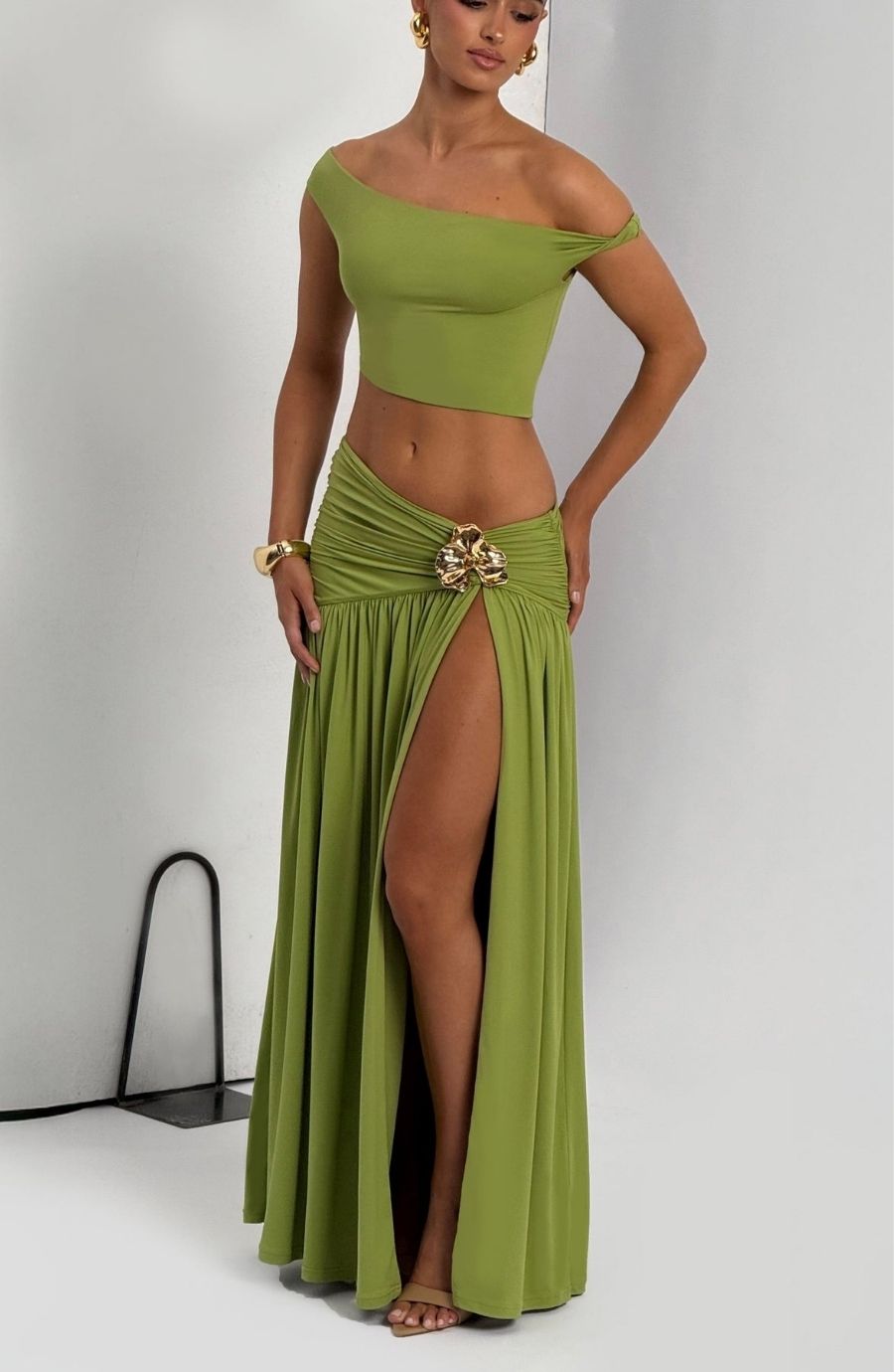 Golden Accent Off-Shoulder Slit Maxi Set