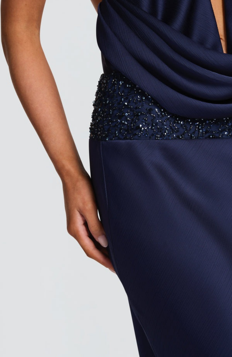 Deep Plunge Halter Drape Maxi Set with Embellished Waistband