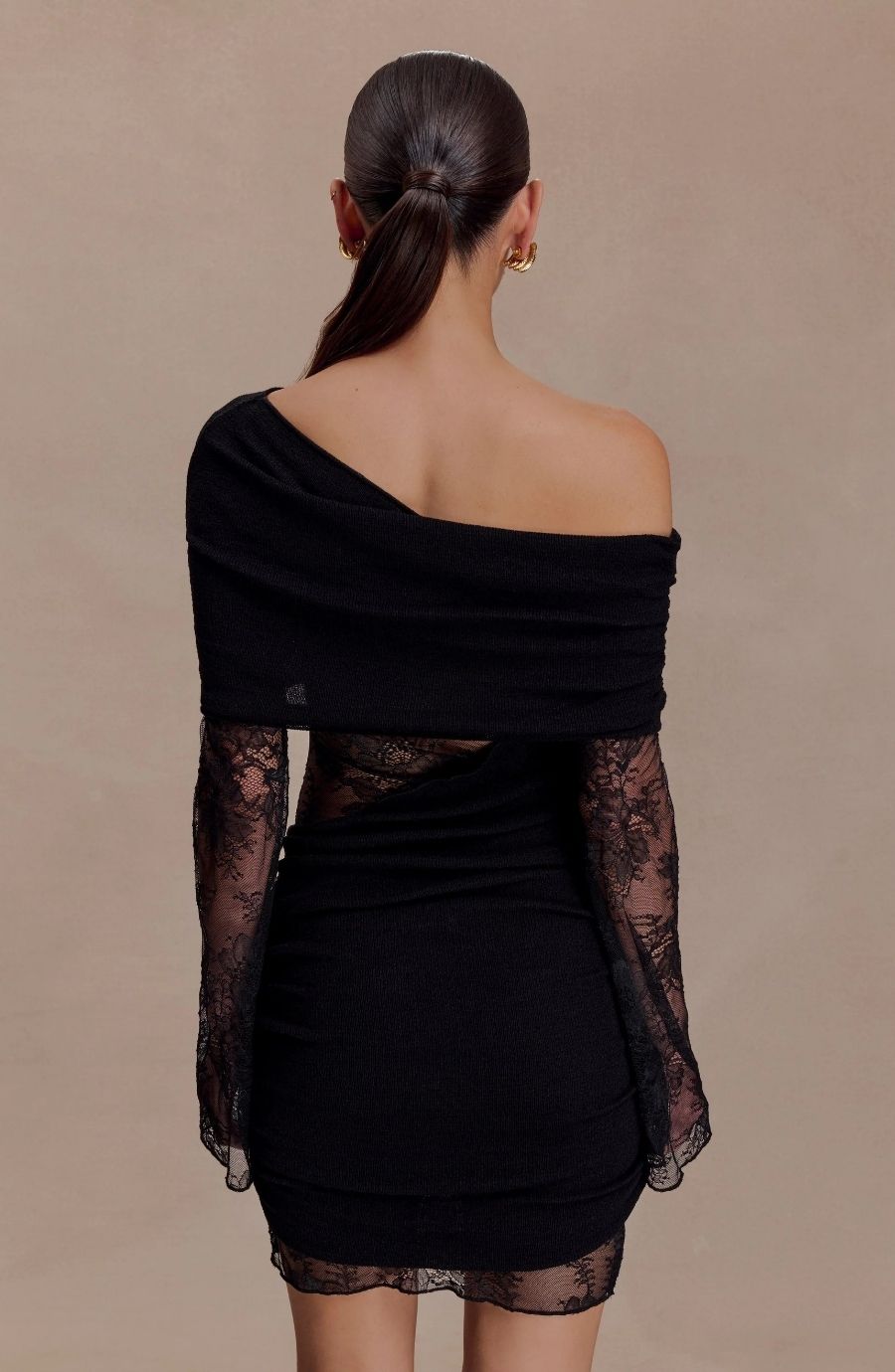 Ethereal Veil Off-Shoulder Draped Lace Mini Dress