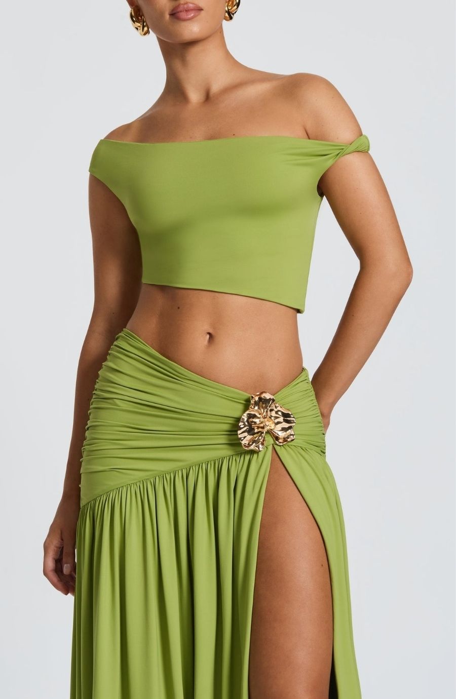 Golden Accent Off-Shoulder Slit Maxi Set