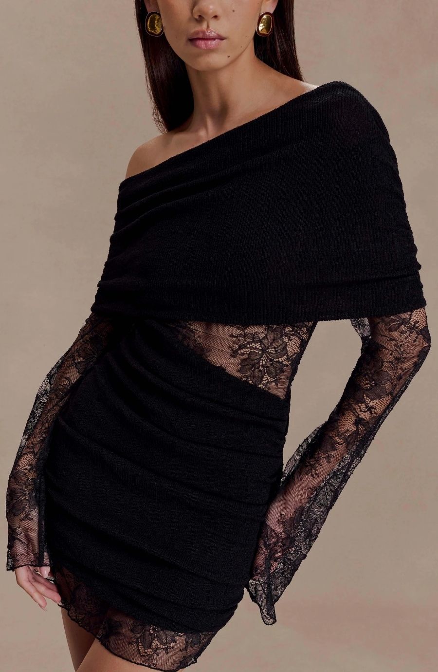 Ethereal Veil Off-Shoulder Draped Lace Mini Dress