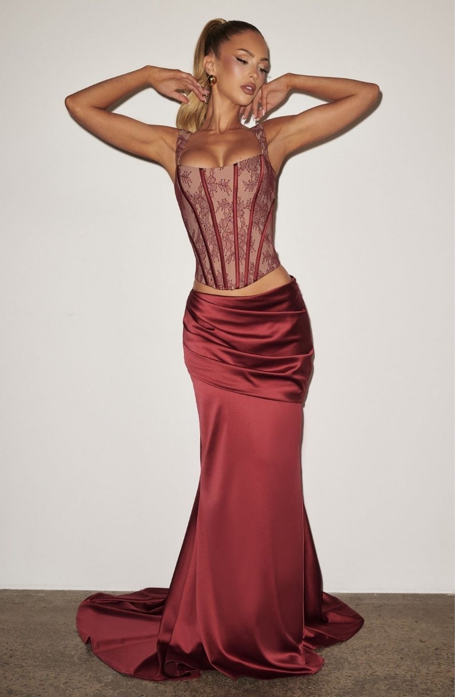 Lace Corset Satin Maxi Skirt Set