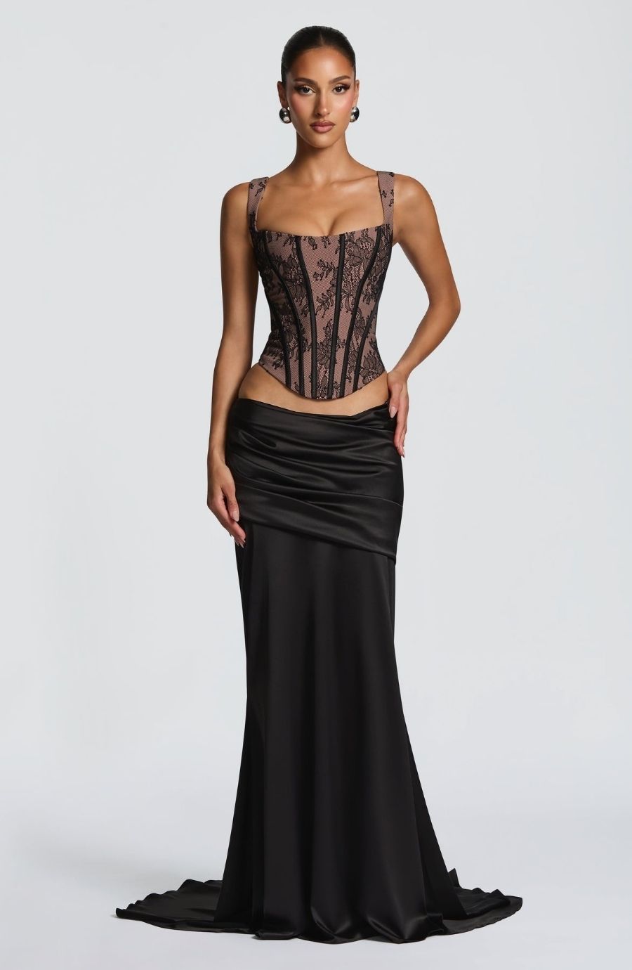 Lace Corset Satin Maxi Skirt Set