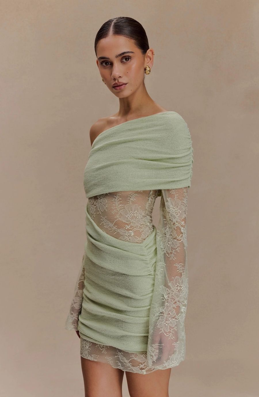 Ethereal Veil Off-Shoulder Draped Lace Mini Dress