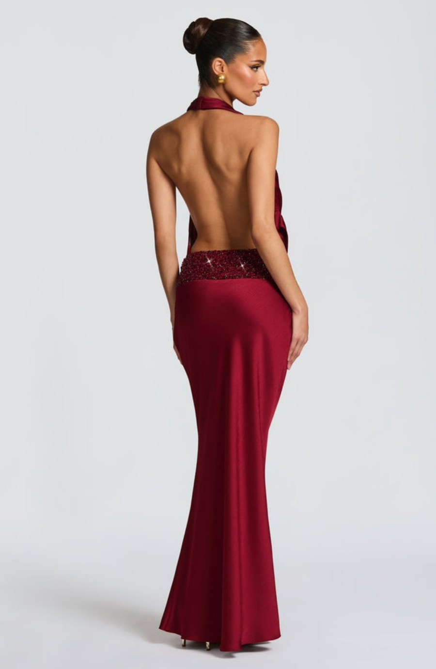 Deep Plunge Halter Drape Maxi Set with Embellished Waistband