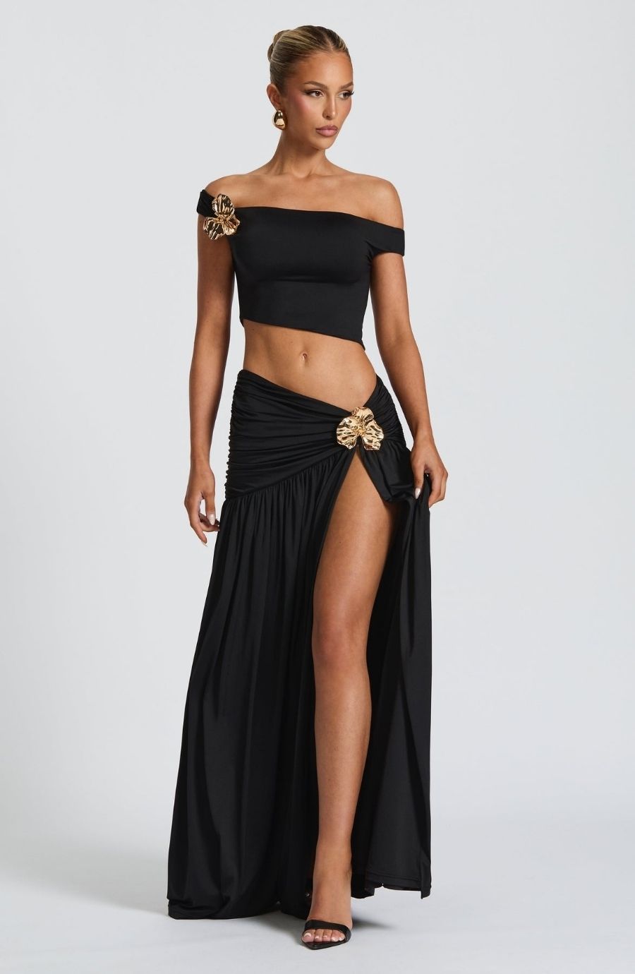 Golden Accent Off-Shoulder Slit Maxi Set