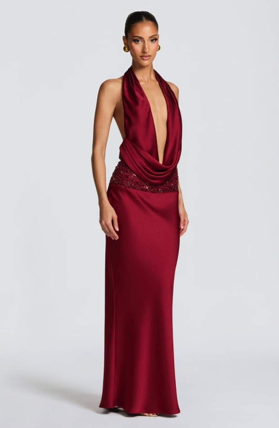Deep Plunge Halter Drape Maxi Set with Embellished Waistband