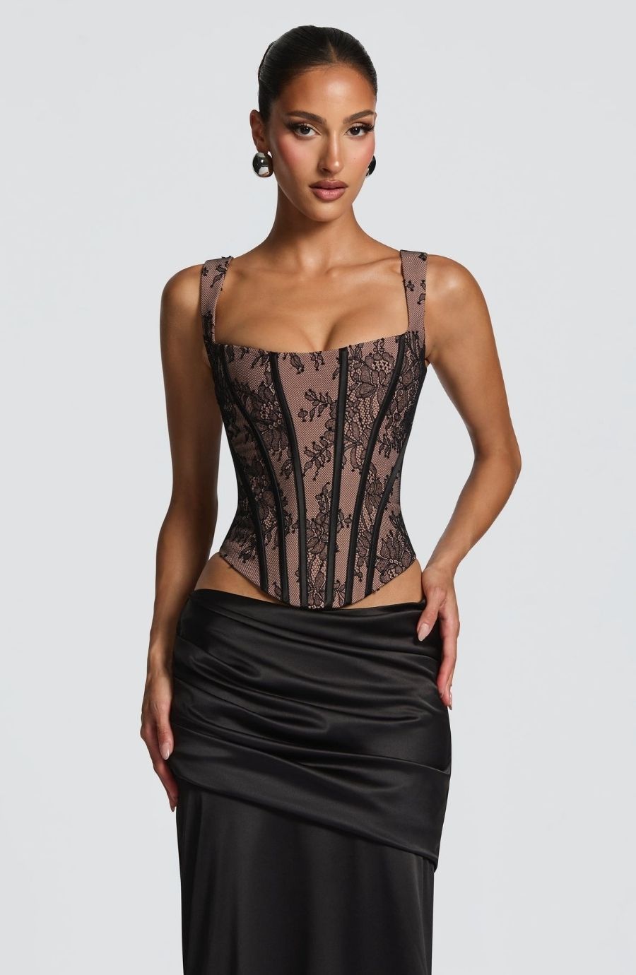 Lace Corset Satin Maxi Skirt Set